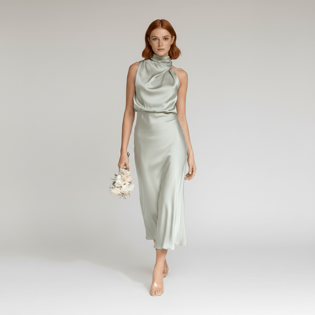 Natasha Halter Neck Satin Midi Dress for Women with Draped Neckline