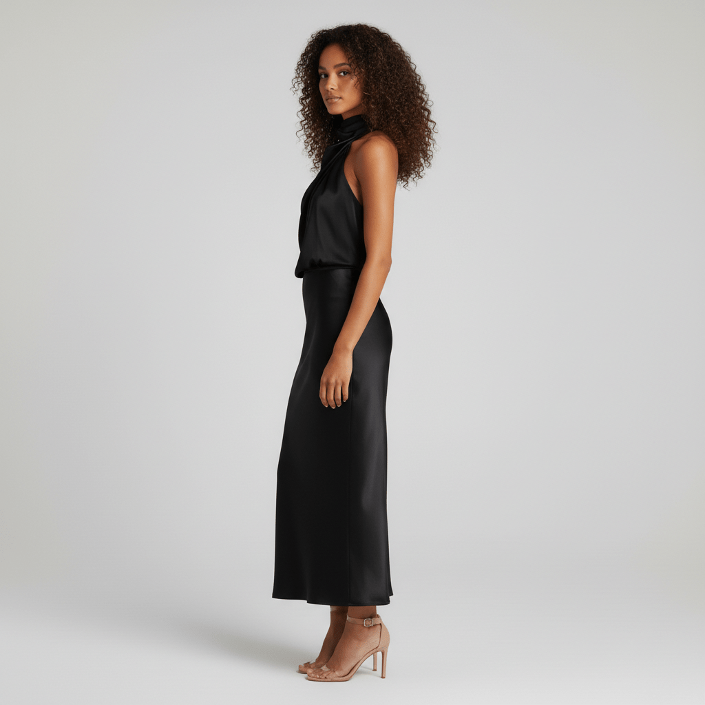 Natasha Halter Neck Satin Midi Dress for Women with Draped Neckline