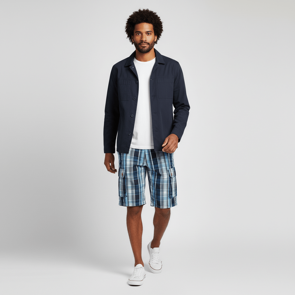 Neville Check Cargo Shorts with Side Slip Pockets and Button Waist