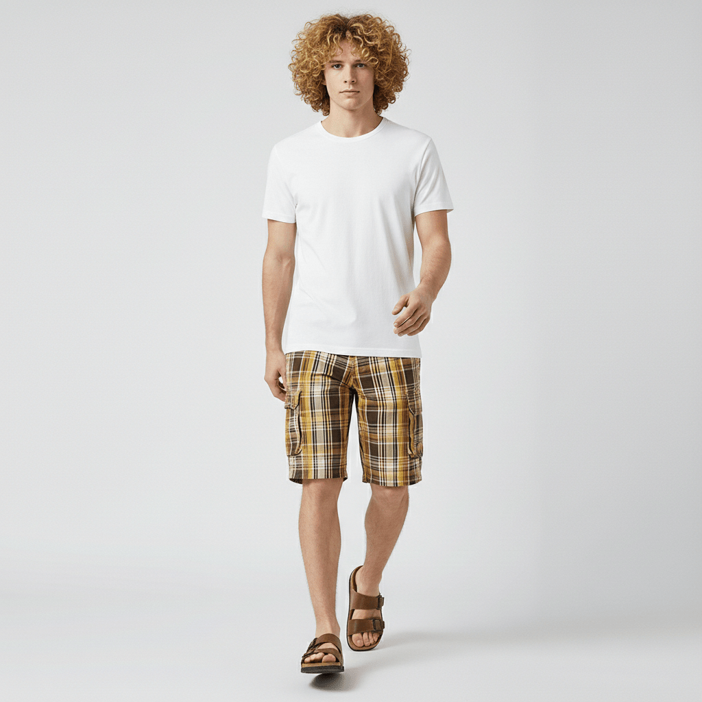 Neville Check Cargo Shorts with Side Slip Pockets and Button Waist
