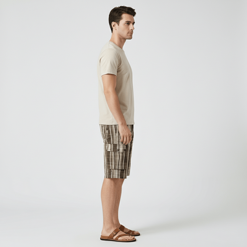Neville Check Cargo Shorts with Side Slip Pockets and Button Waist