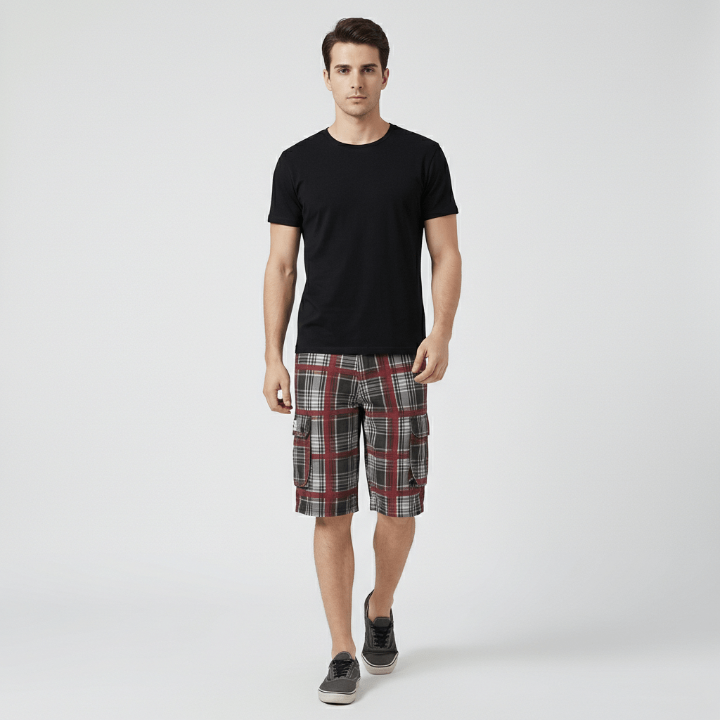 Neville Check Cargo Shorts with Side Slip Pockets and Button Waist