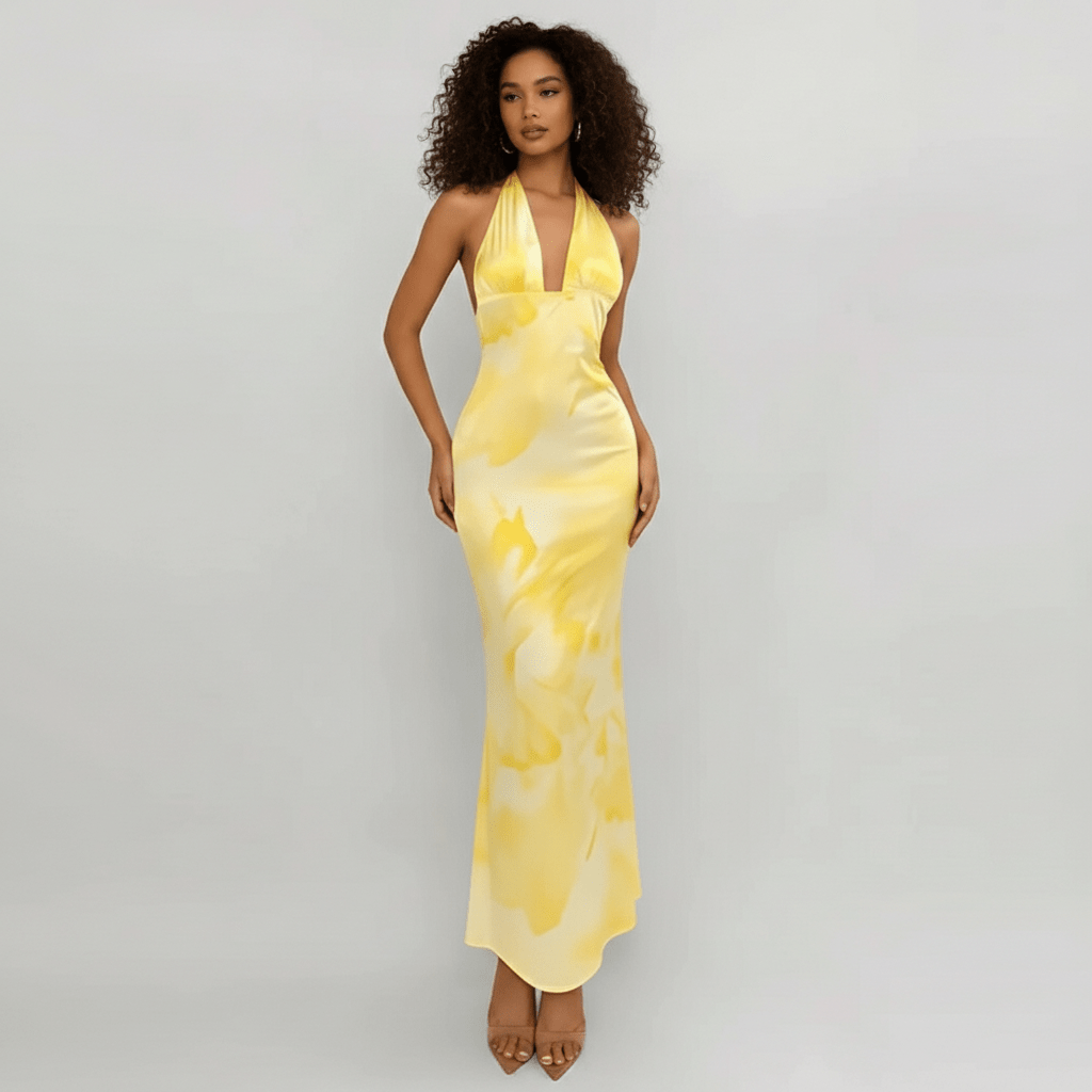 Nola Yellow Maxi Summer Dress with Plunge Neck and Open Back