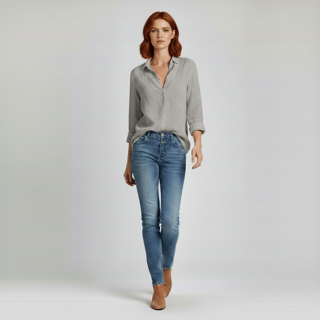 Olive Button-Up Long Sleeve Blouse with V-Neckline