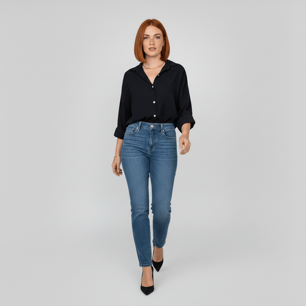Olive Button-Up Long Sleeve Blouse with V-Neckline