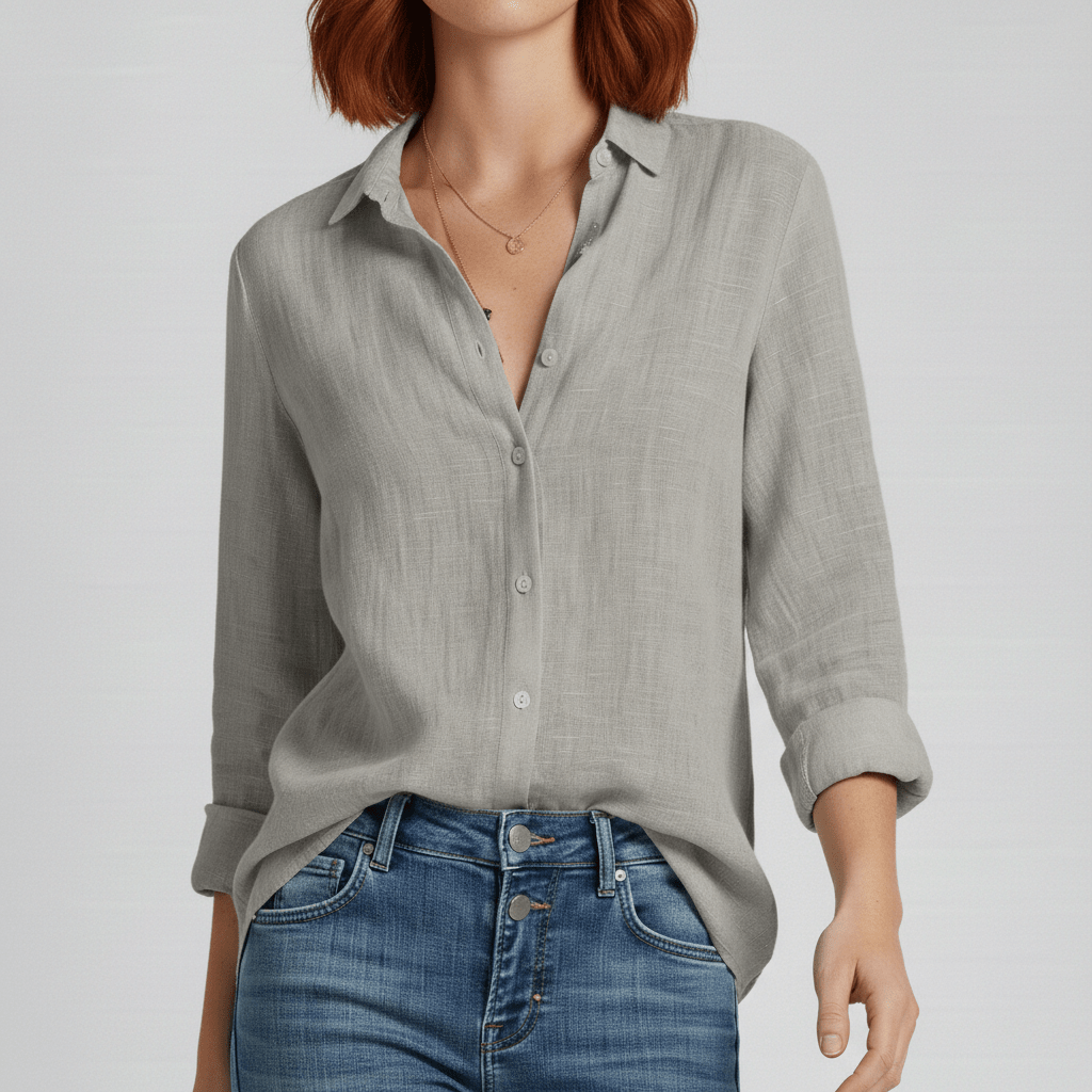 Olive Button-Up Long Sleeve Blouse with V-Neckline