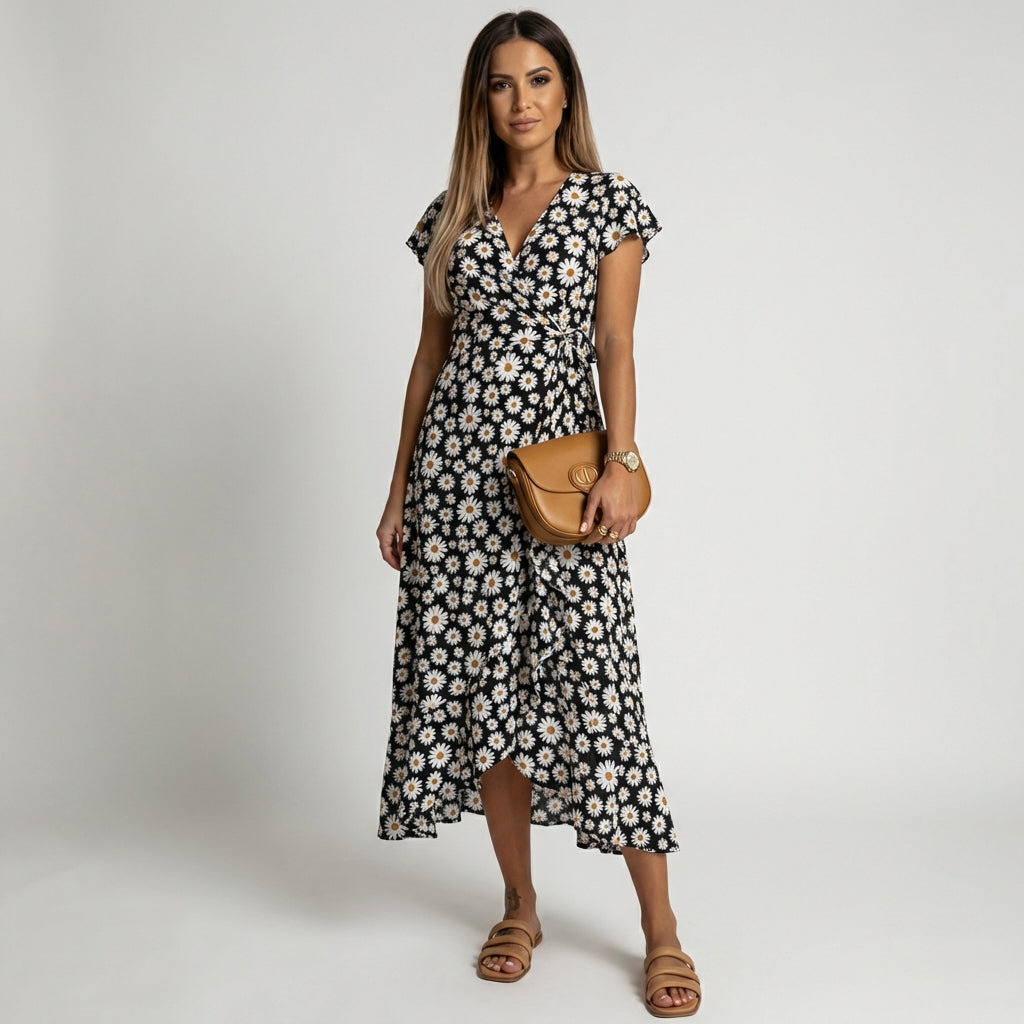 Patsy Floral Wrap Midi Dress with V-Neck and Short Sleeves