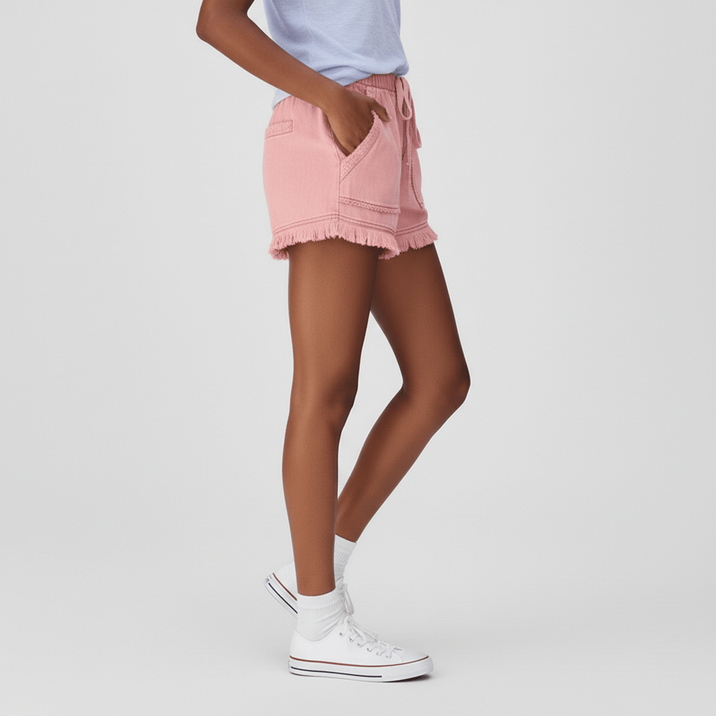 Penelope High Waist Denim Shorts Drawstring Waist Frill Hem