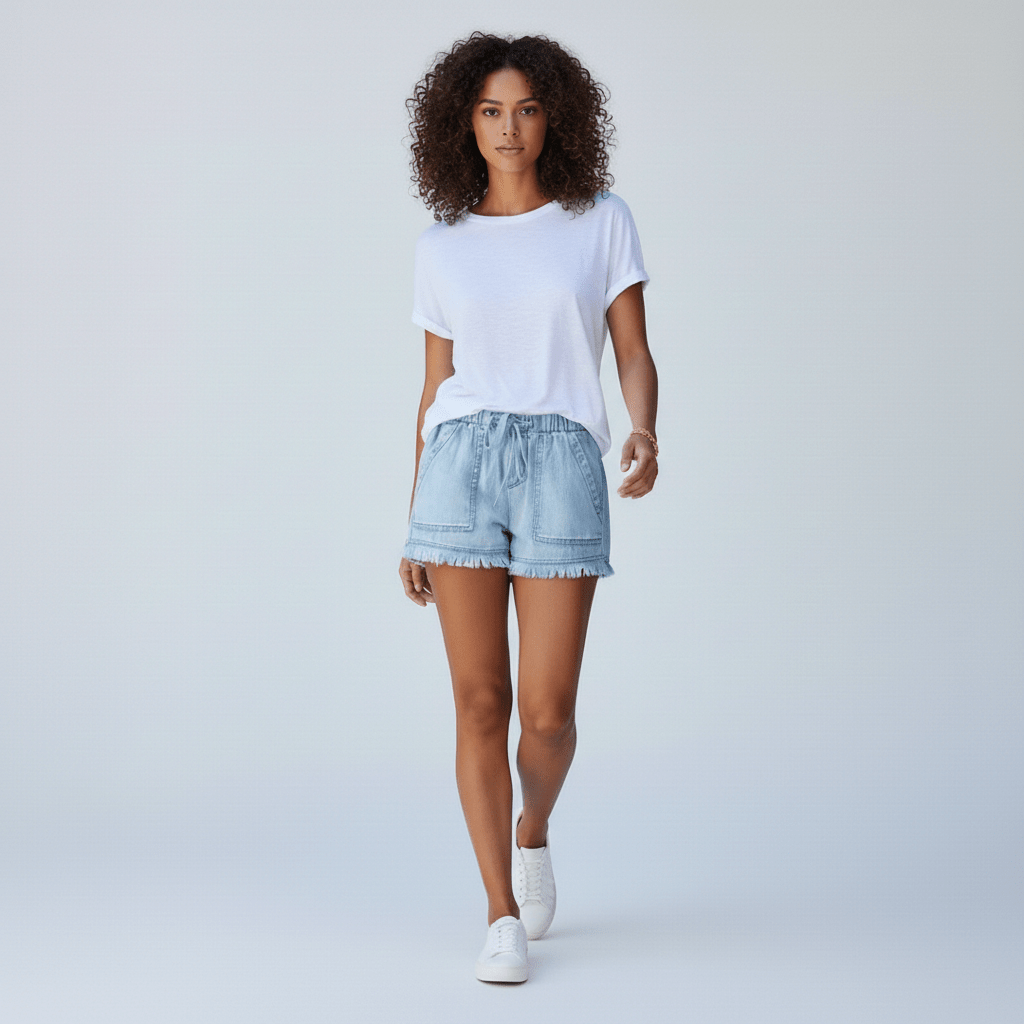 Penelope High Waist Denim Shorts Drawstring Waist Frill Hem