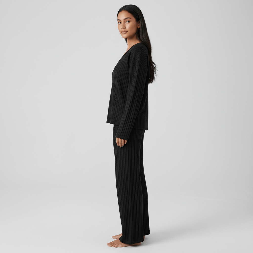 Philippa Two Piece Set Ribbed V-Neck Sweater and Wide-Leg Pants
