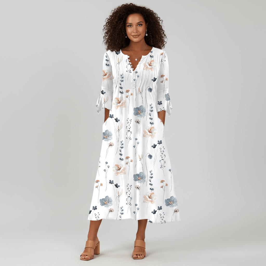 Portia Floral Print Midi Dress with V-Neck Button Front