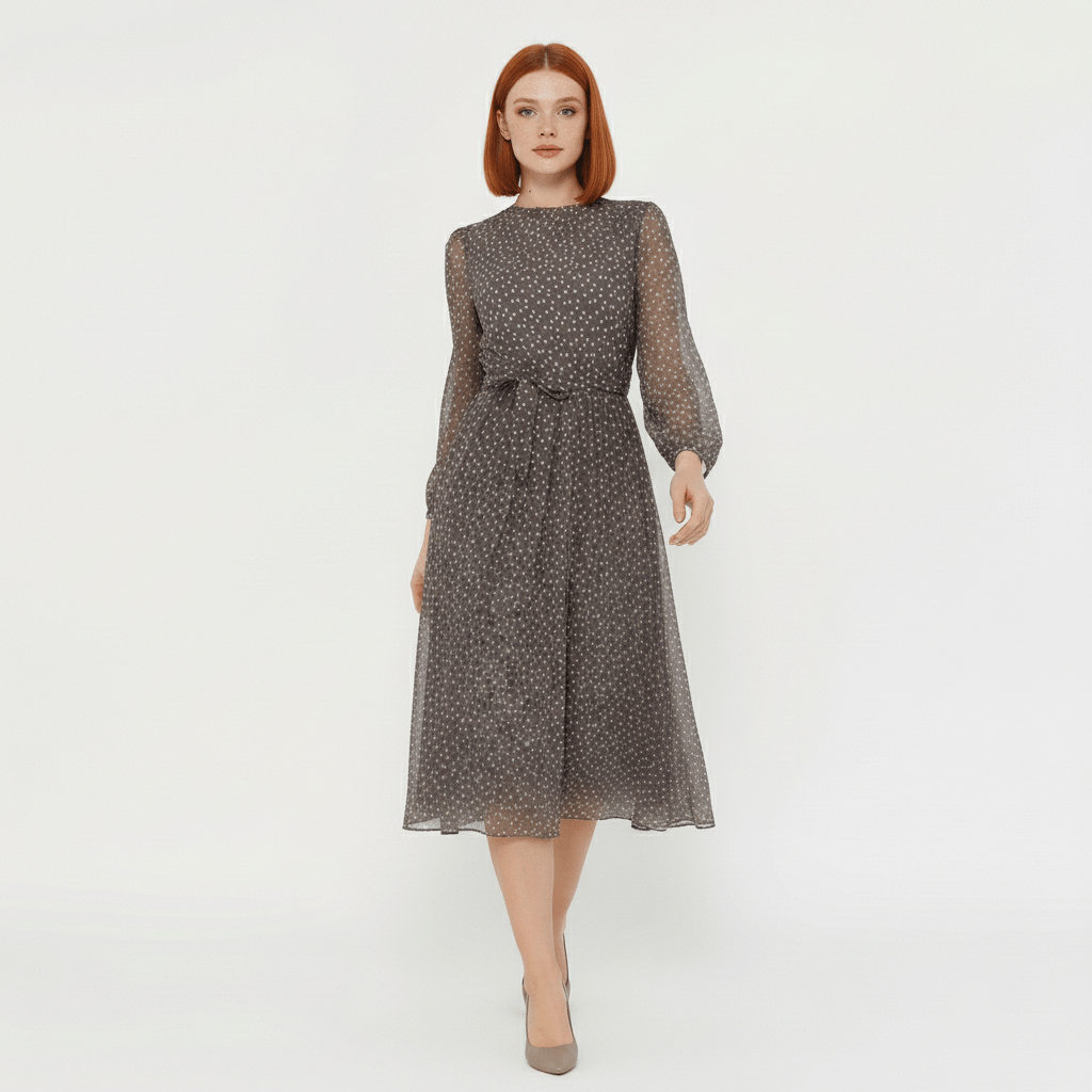 Robyn Polka Dot Mesh Midi Dress with Sheer Sleeves