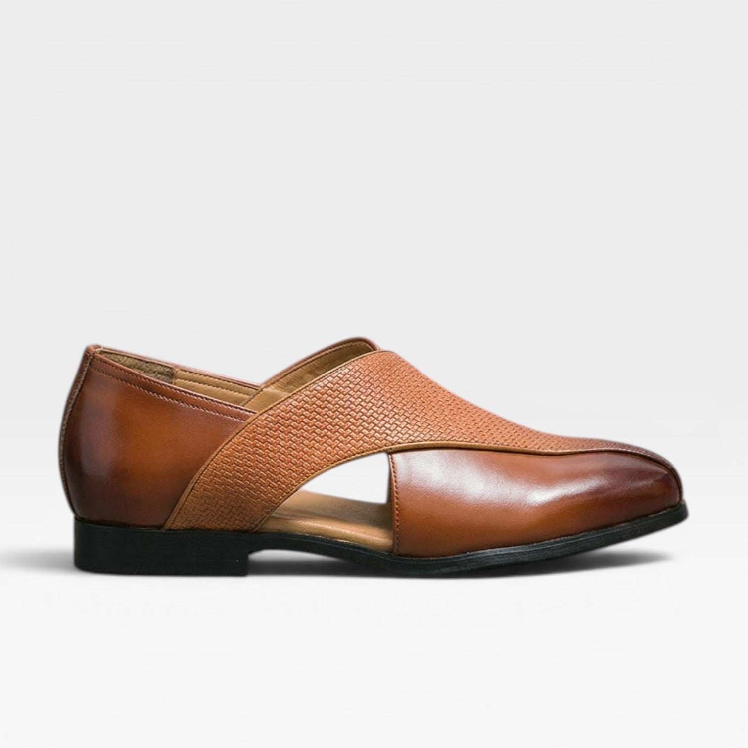 Men's Real Leather Slip On Loafers With Woven Cross Strap Detail