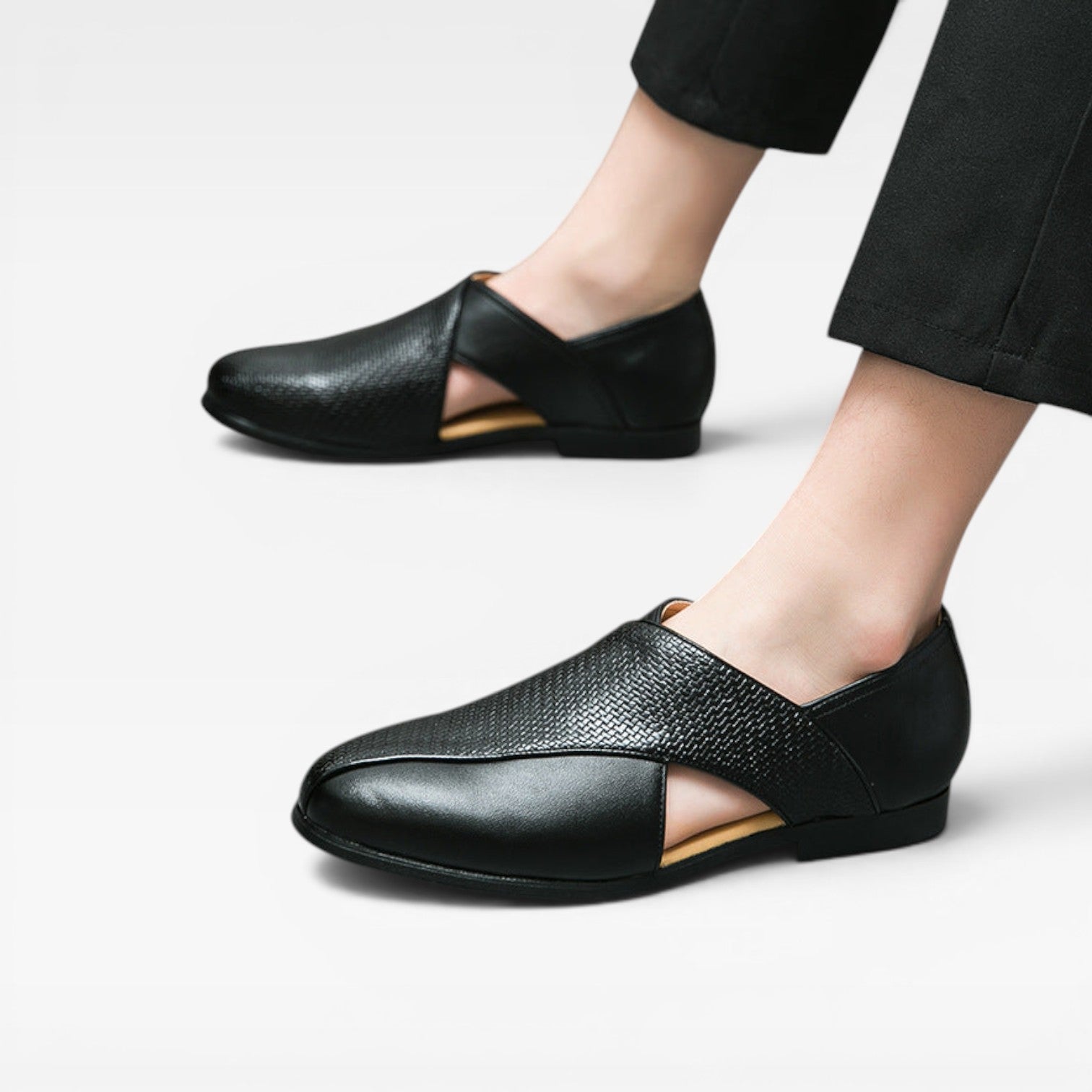 Men's Real Leather Slip On Loafers With Woven Cross Strap Detail