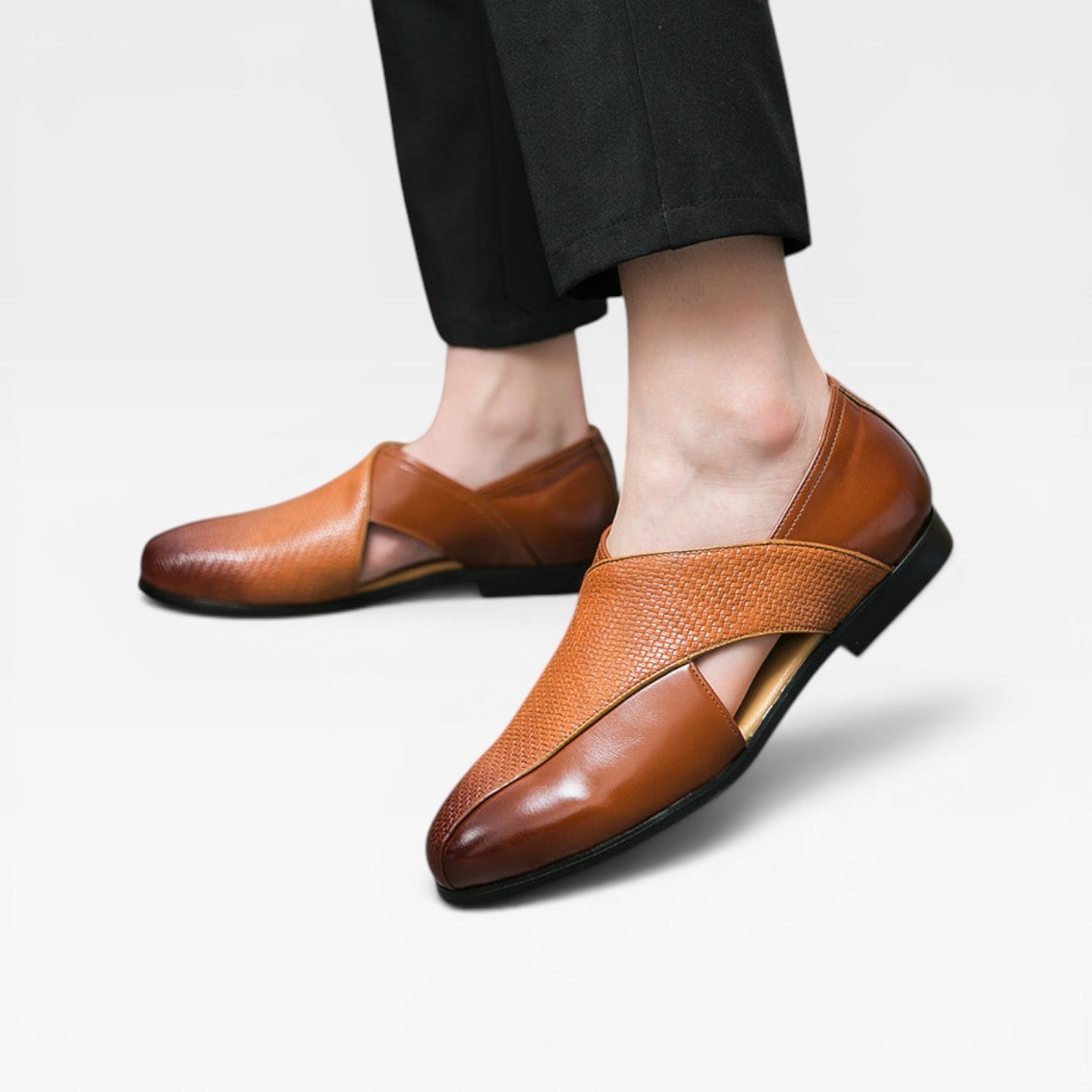 Men's Real Leather Slip On Loafers With Woven Cross Strap Detail