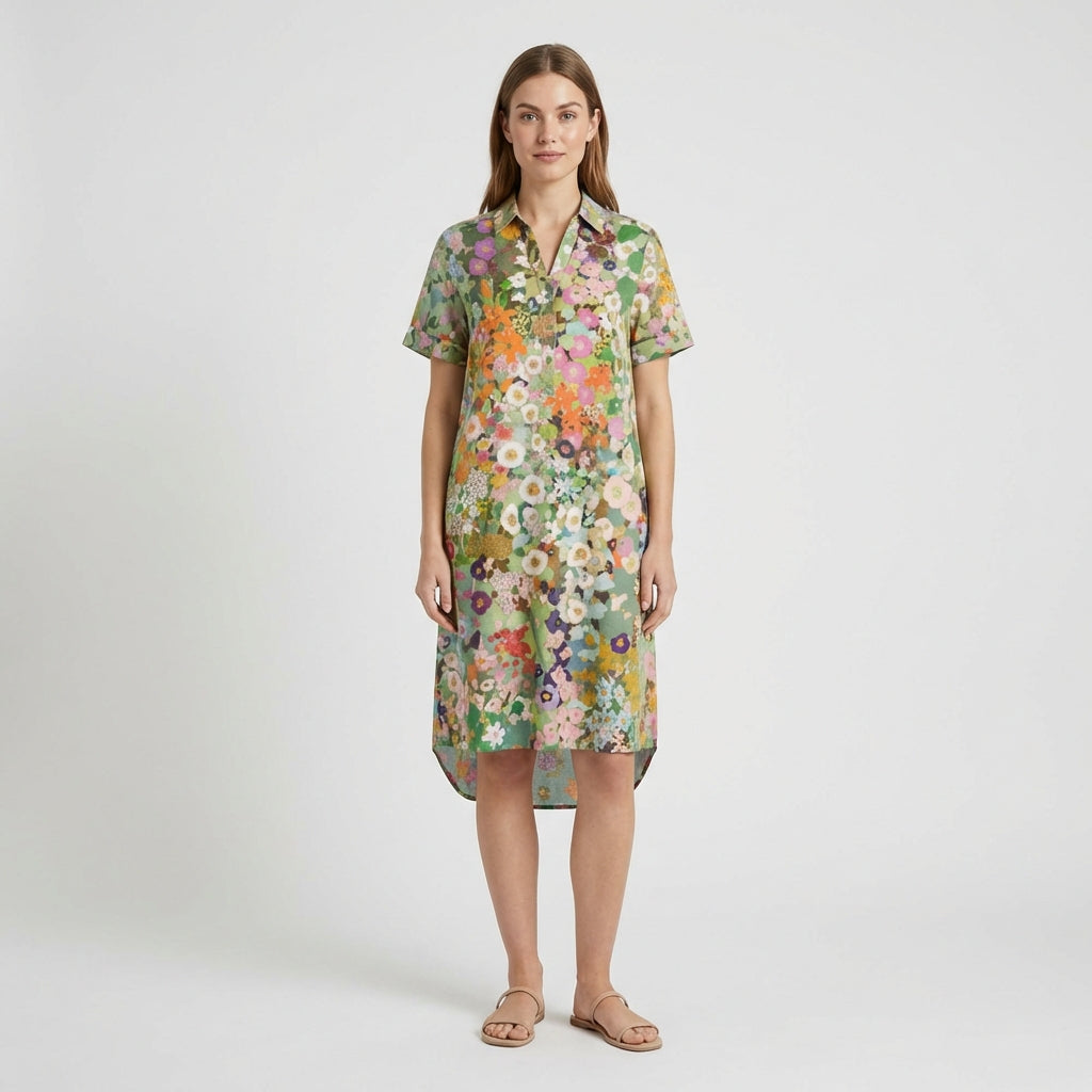 Sandra Short Sleeve Shirt Collar Midi Dress with Printed Pattern