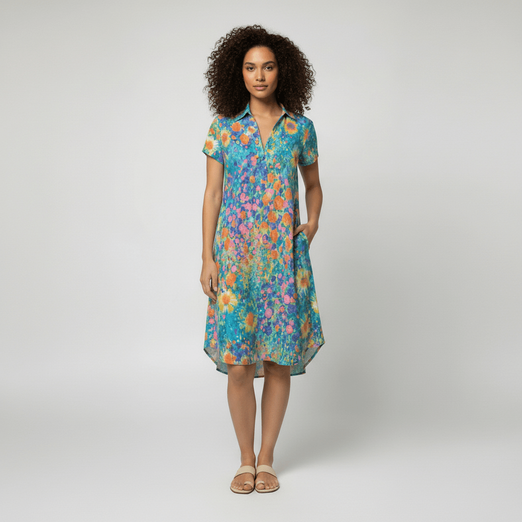 Sandra Short Sleeve Shirt Collar Midi Dress with Printed Pattern