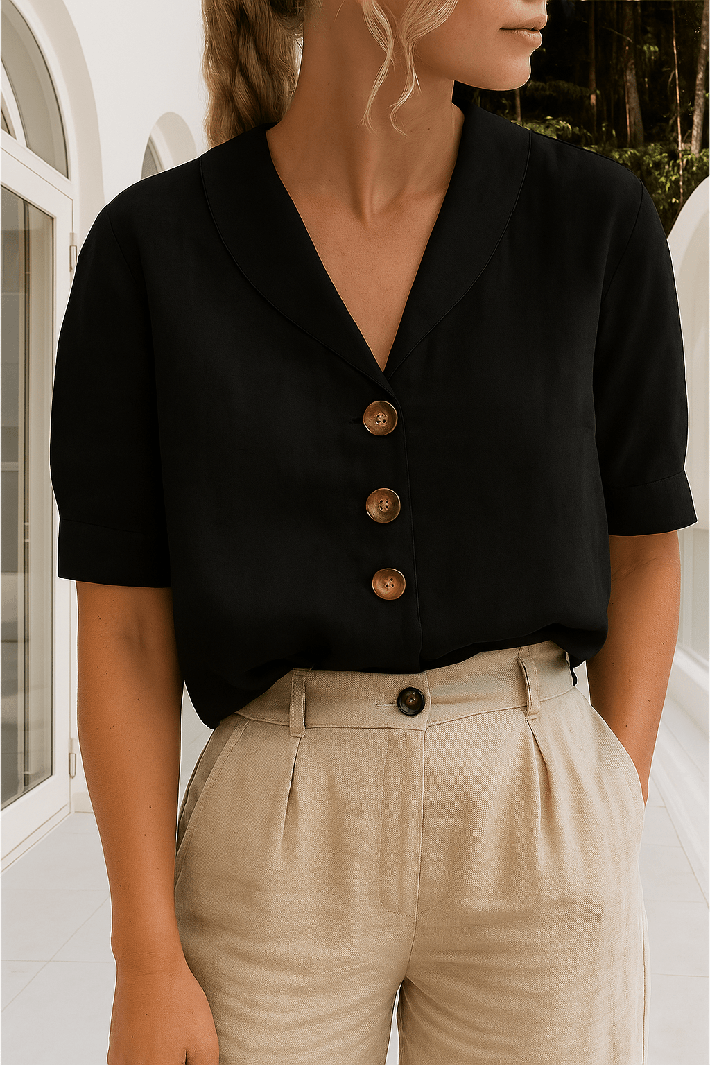 Women's Short Sleeve Revere Collar Button Down Blouse