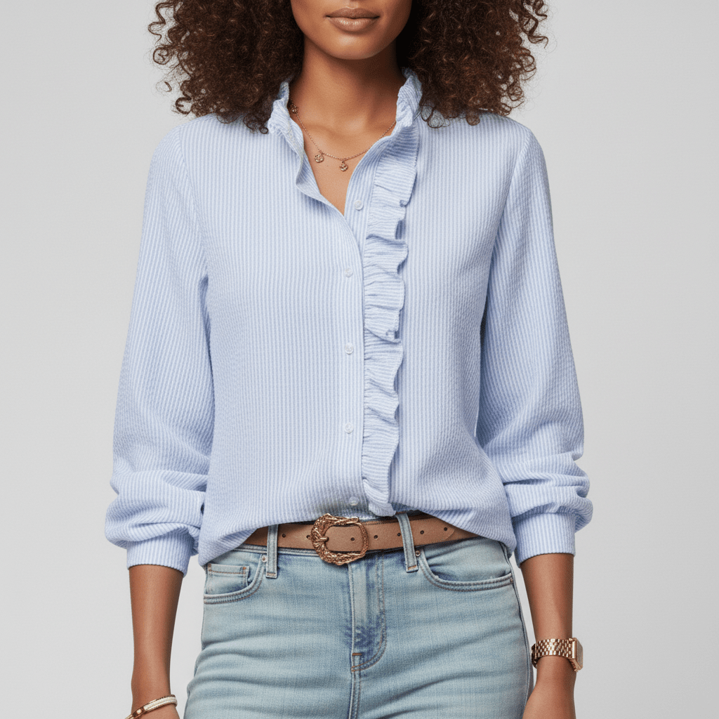 Tanya Ruffle Front Button Blouse with Long Sleeves