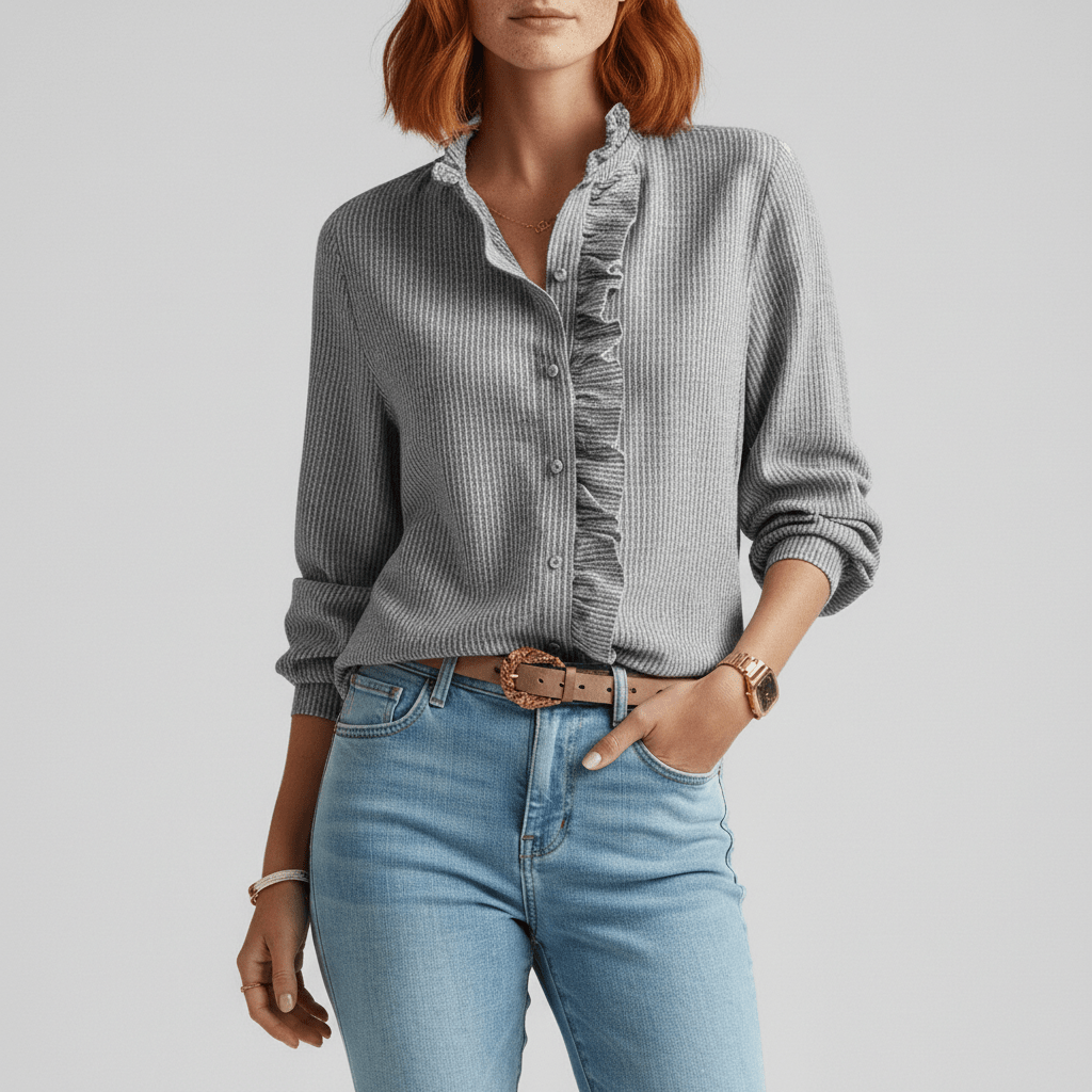 Tanya Ruffle Front Button Blouse with Long Sleeves