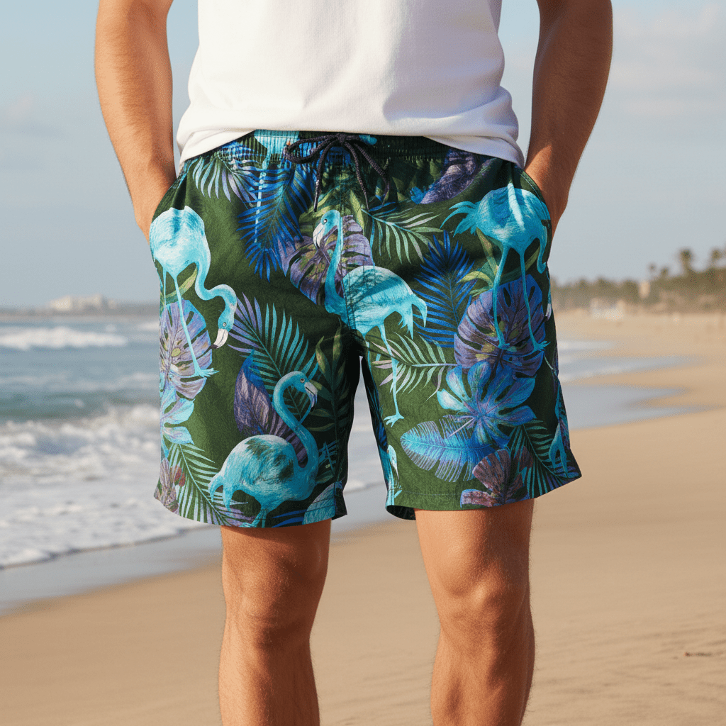 Teddy Flamingo Print Swim Shorts with Side Slip Pockets and Drawstring Waist
