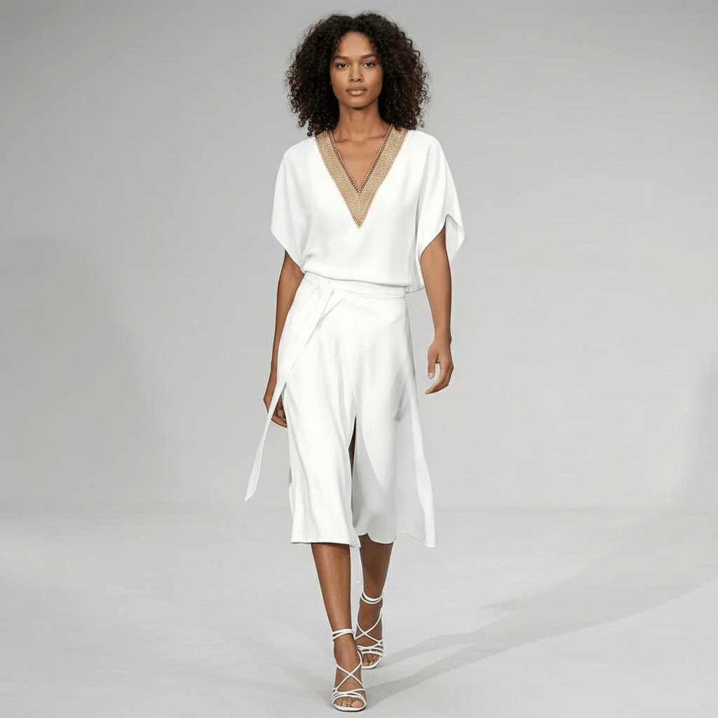 Tori Elegant V-Neck White Midi Dress