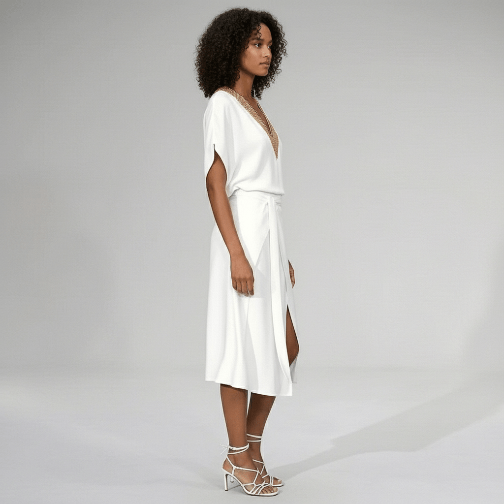 Tori Elegant V-Neck White Midi Dress