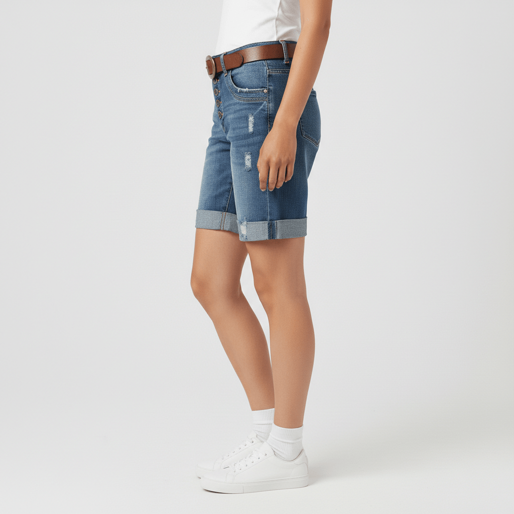 Valerie High Waist Ripped Denim Shorts for Women Button Fly Rolled Hem
