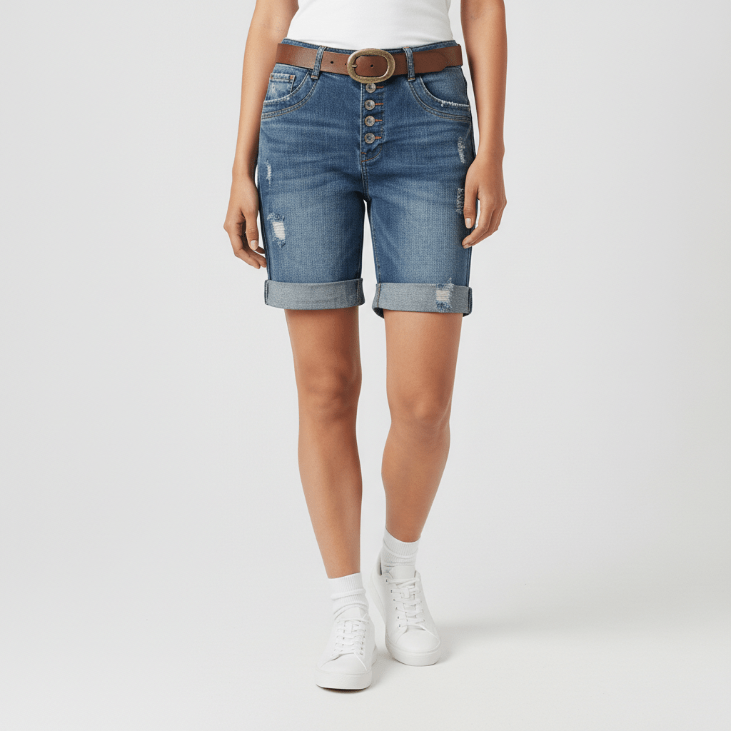 Valerie High Waist Ripped Denim Shorts for Women Button Fly Rolled Hem