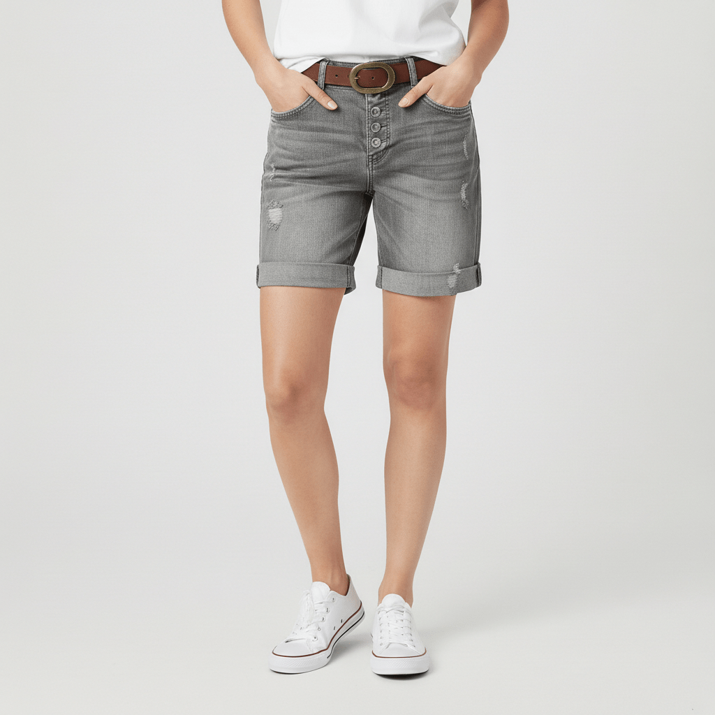 Valerie High Waist Ripped Denim Shorts for Women Button Fly Rolled Hem