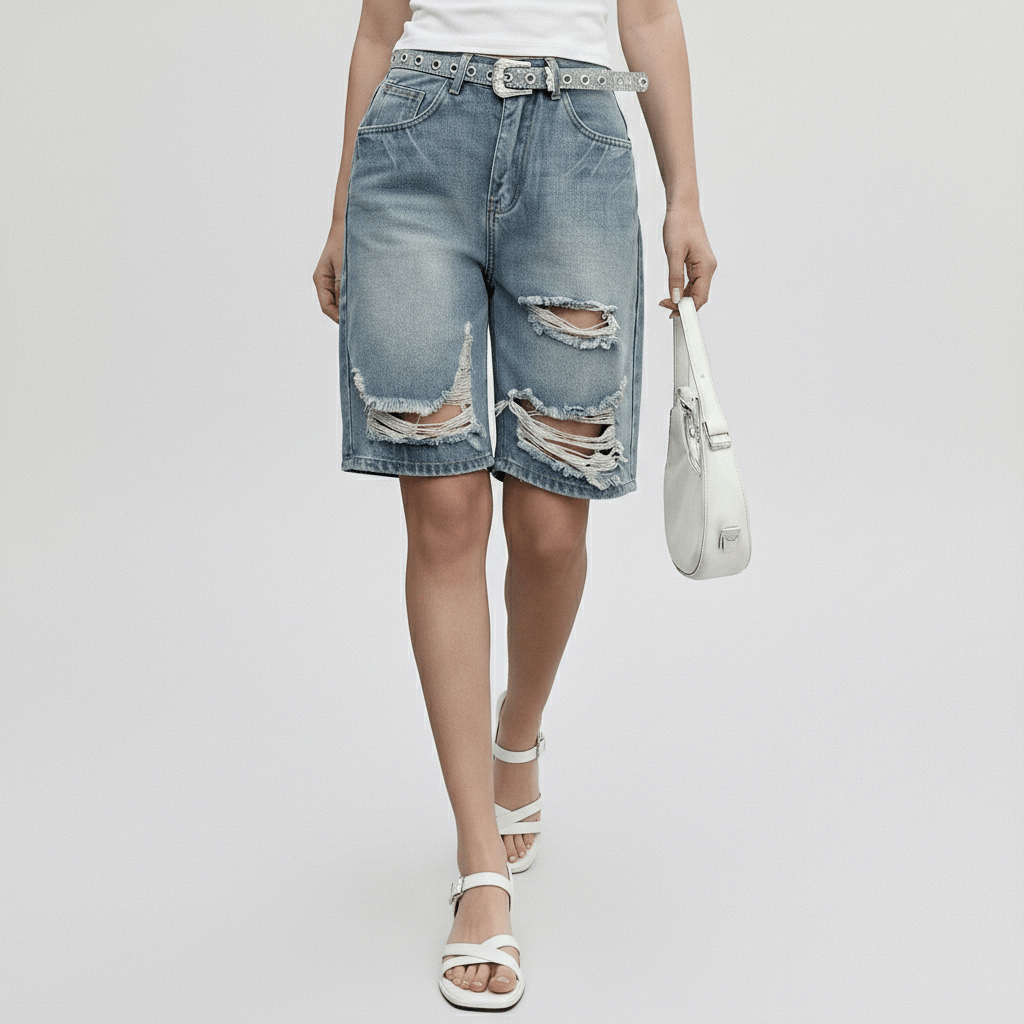 Valerie Knee Length Denim Shorts Relaxed Fit Mid Rise