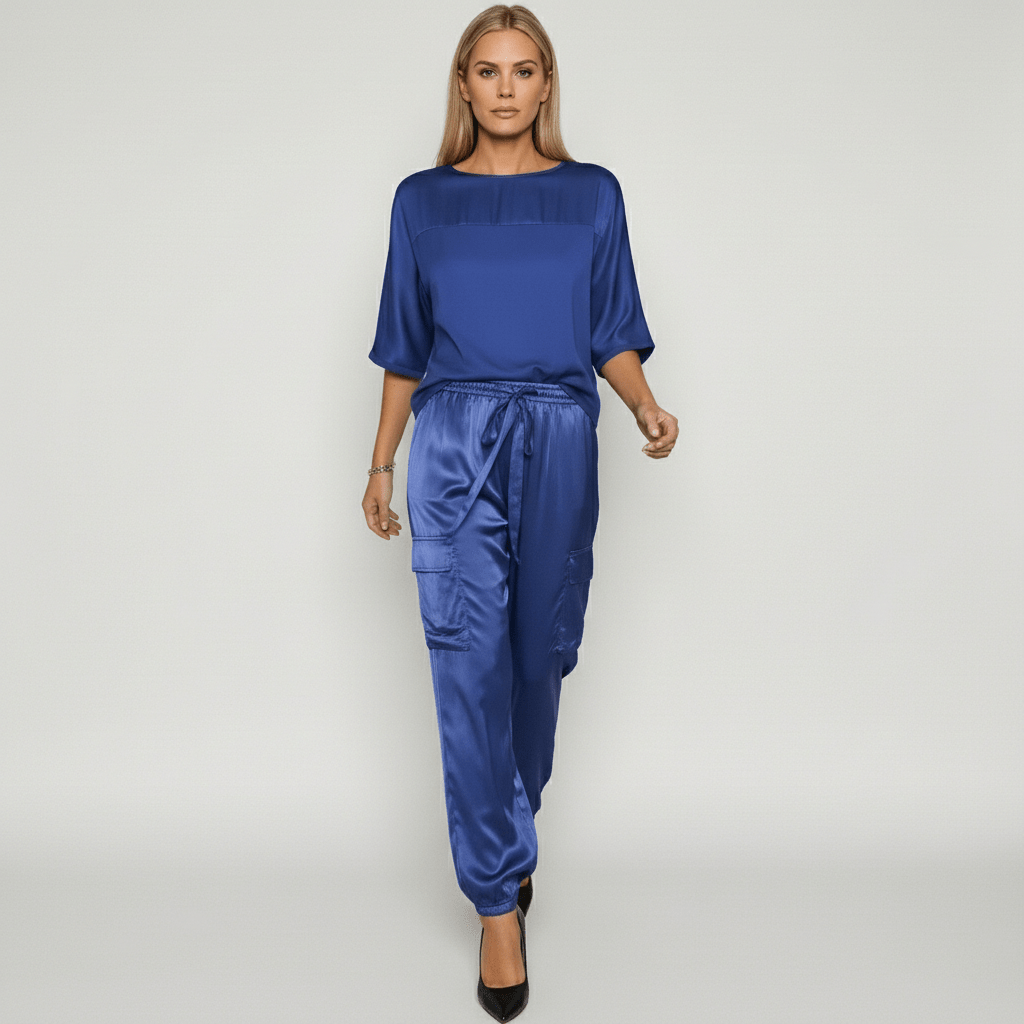 Wendy Two Piece Set Satin Top and Relaxed Cargo Pants