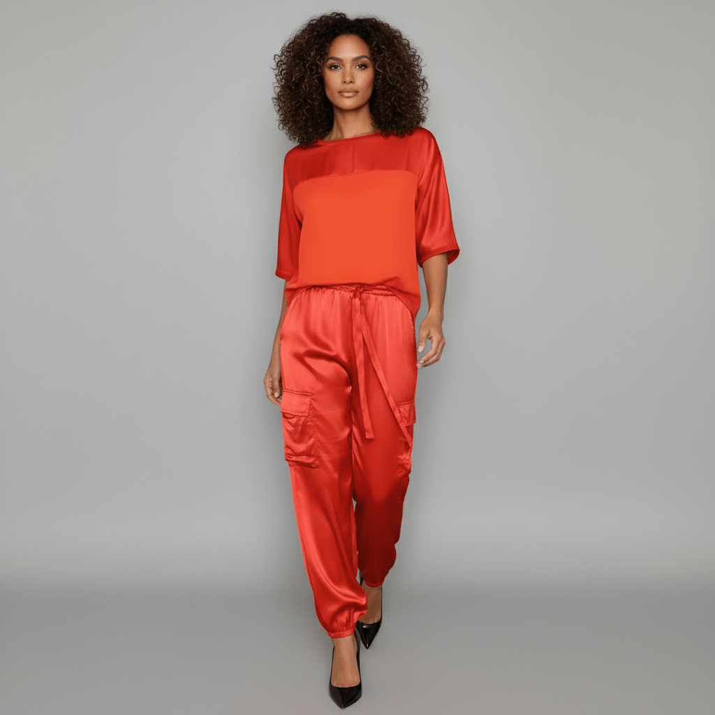 Wendy Two Piece Set Satin Top and Relaxed Cargo Pants