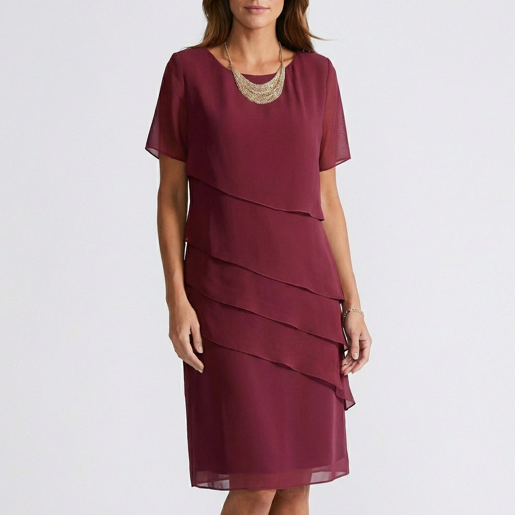 Willa Chiffon Short Sleeve Cocktail Dress with Layered Ruffle Design