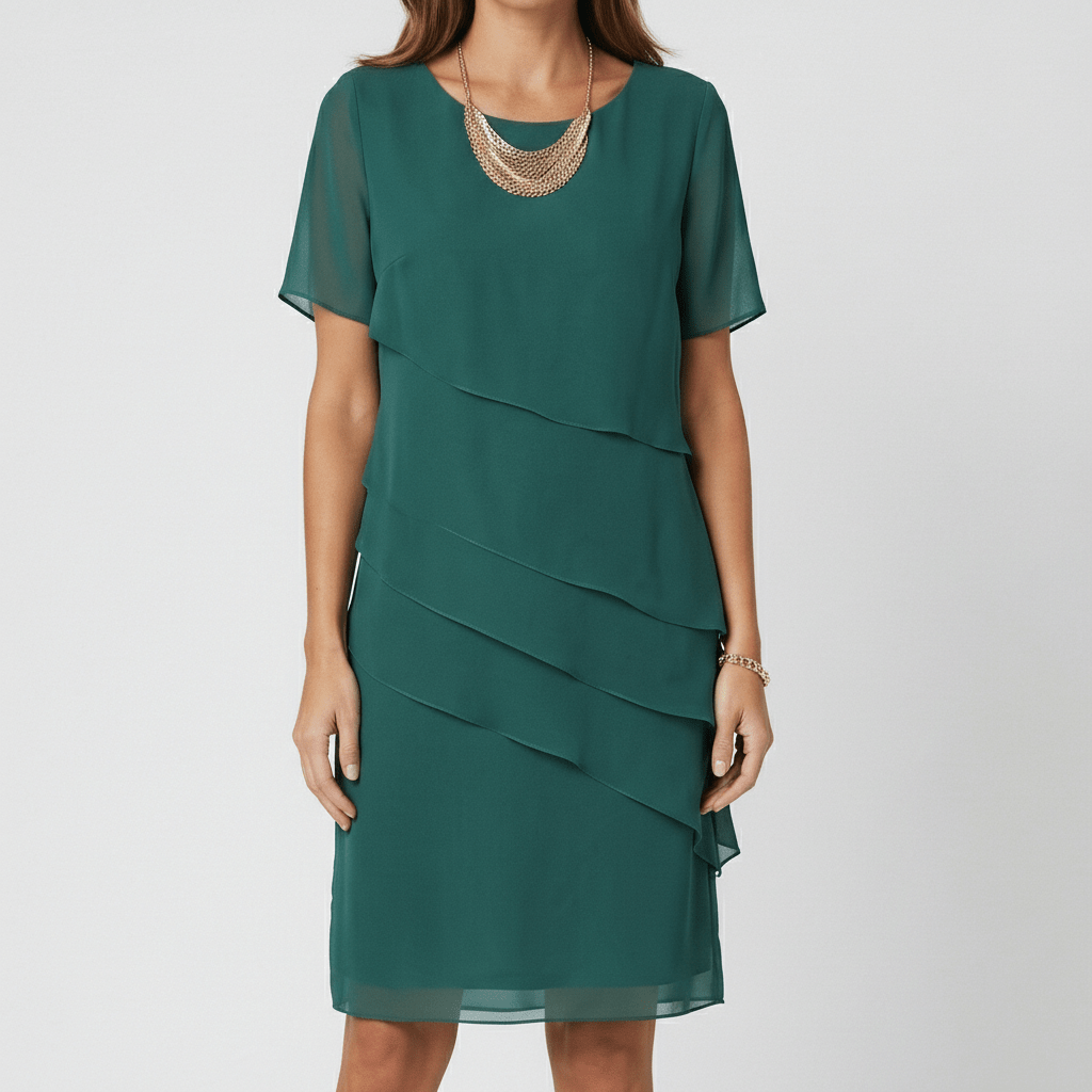 Willa Chiffon Short Sleeve Cocktail Dress with Layered Ruffle Design