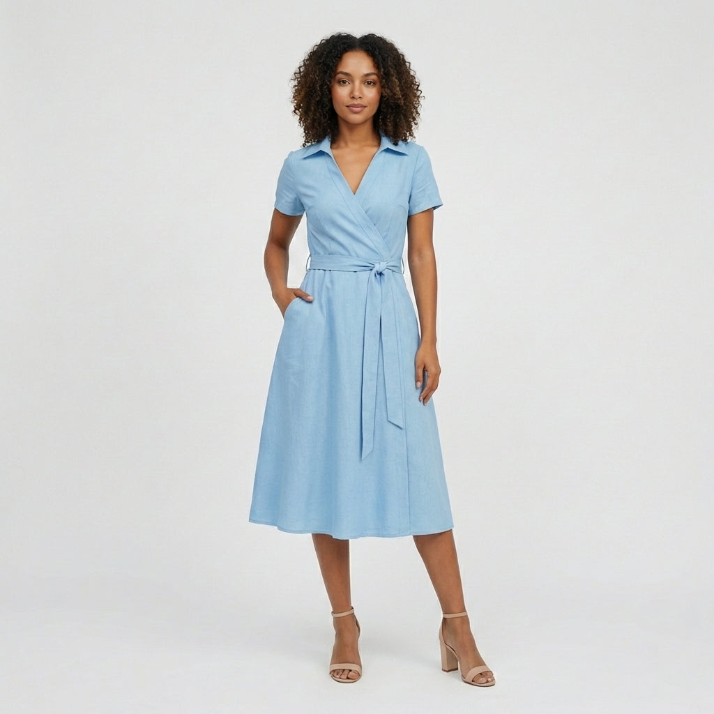 Ada V-Neck Midi Dress with Short Sleeves and Waist Tie