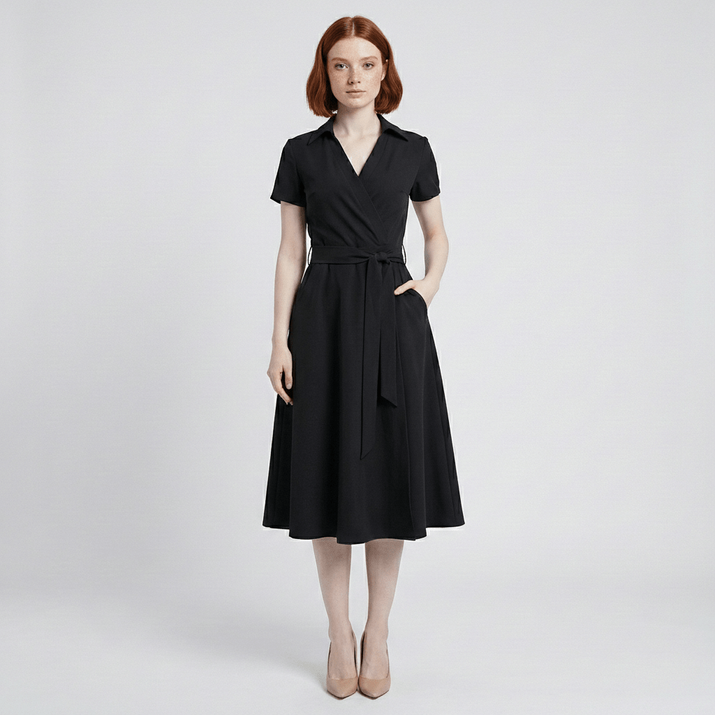 Ada V-Neck Midi Dress with Short Sleeves and Waist Tie