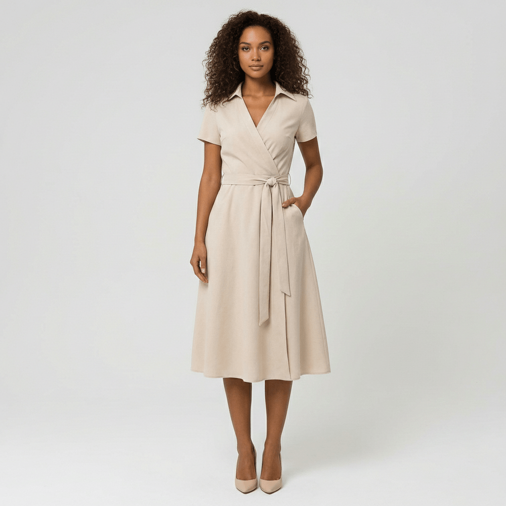 Ada V-Neck Midi Dress with Short Sleeves and Waist Tie