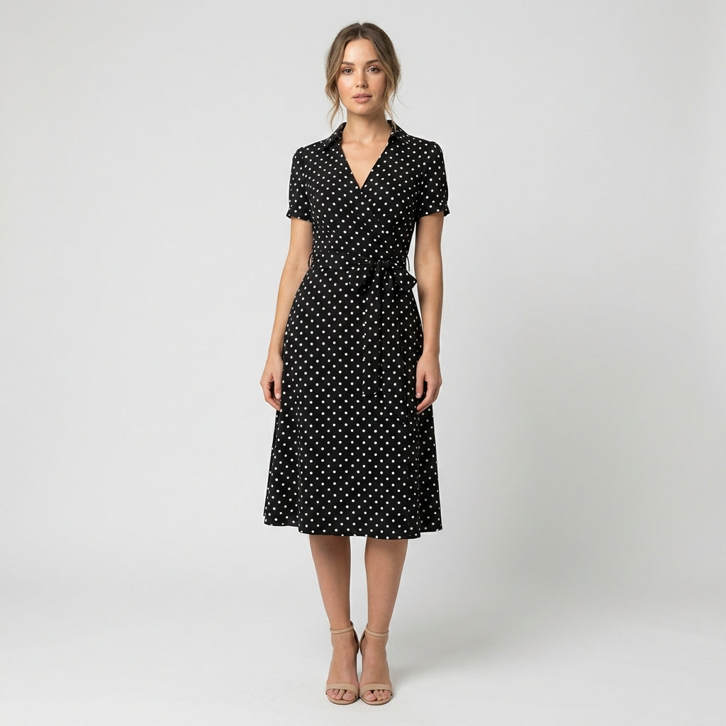 Ada V-Neck Midi Dress with Short Sleeves and Waist Tie