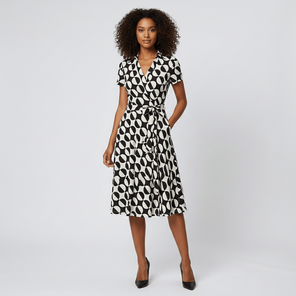 Ada V-Neck Midi Dress with Short Sleeves and Waist Tie