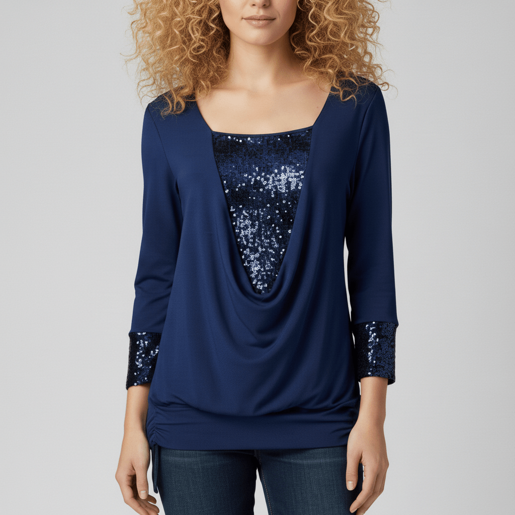 Alethea Sequin Panel Long Sleeve Blouse with Draped Front