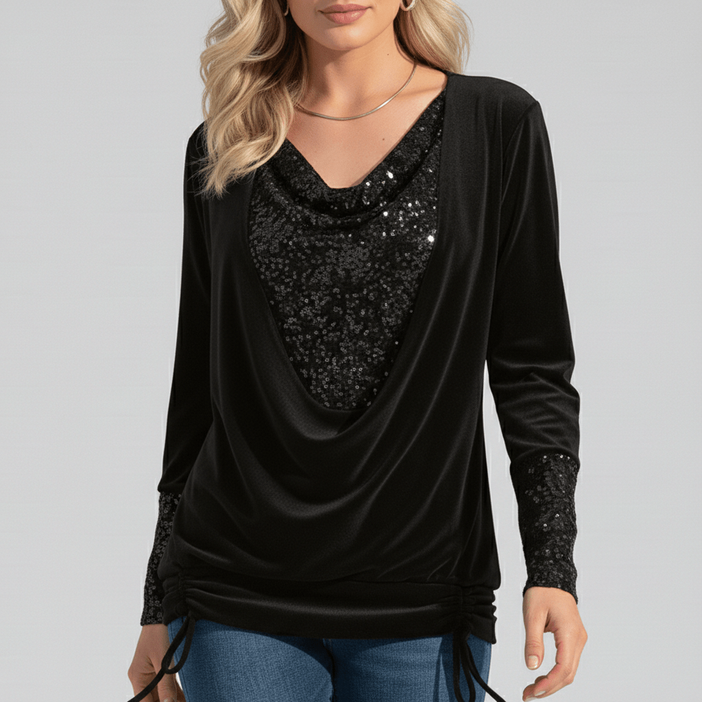 Alethea Sequin Panel Long Sleeve Blouse with Draped Front