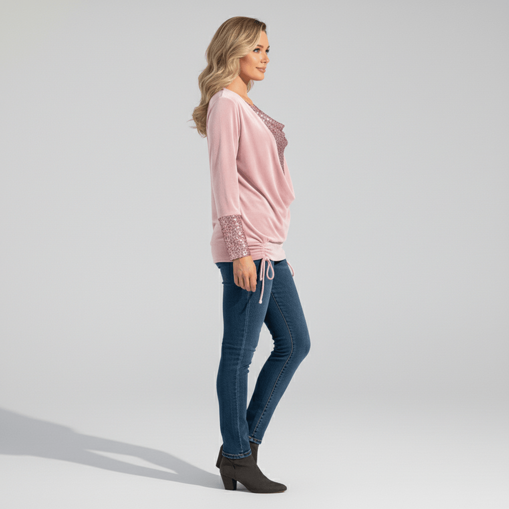 Alethea Sequin Panel Long Sleeve Blouse with Draped Front