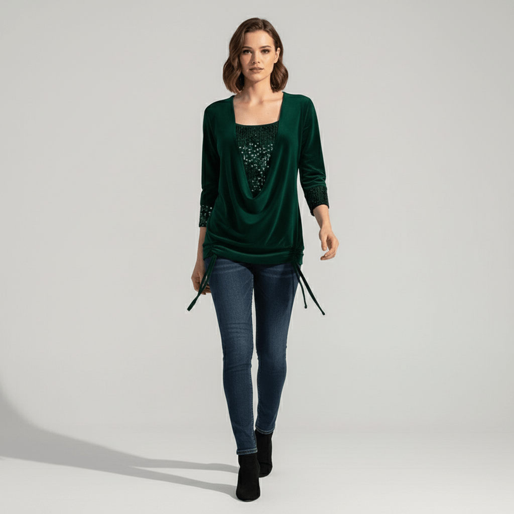 Alethea Sequin Panel Long Sleeve Blouse with Draped Front