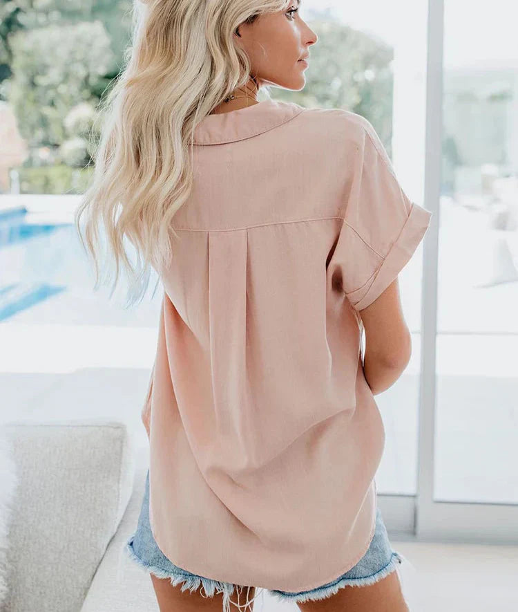 Short Sleeve Button Down Linen Shirt - Women's Casual Relaxed Fit