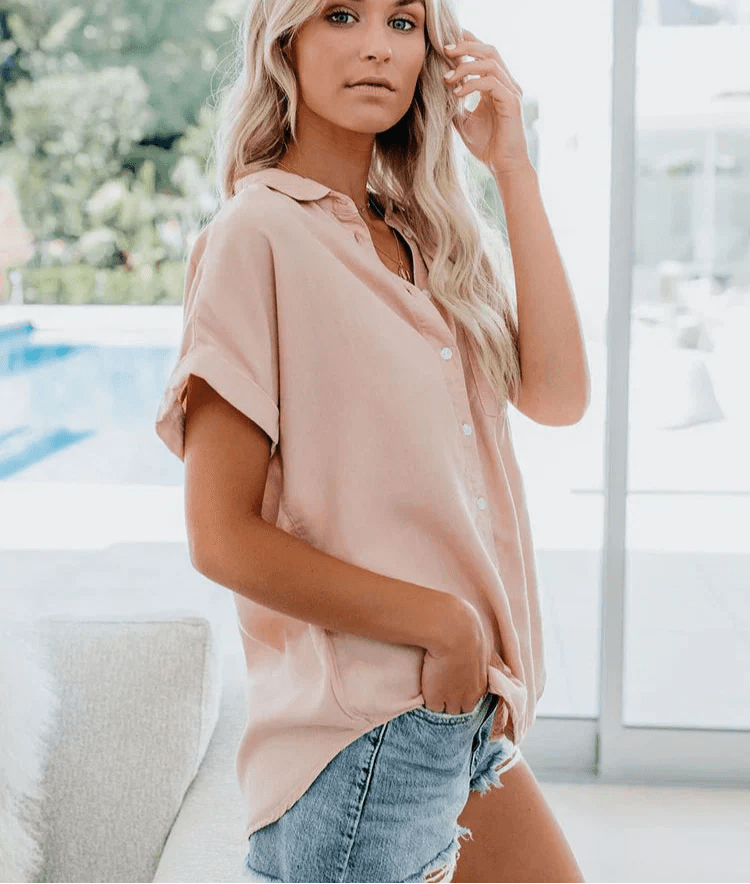 Short Sleeve Button Down Linen Shirt - Women's Casual Relaxed Fit