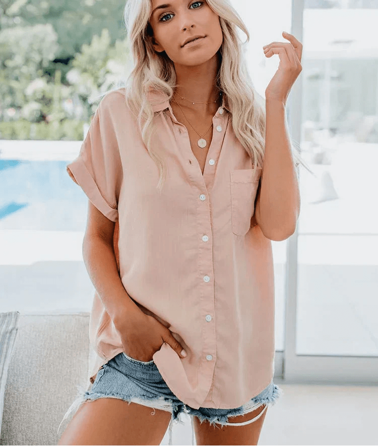 Short Sleeve Button Down Linen Shirt - Women's Casual Relaxed Fit