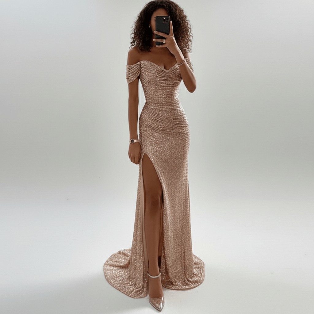 Athena Off Shoulder Sequin Maxi Dress for Women with High Split