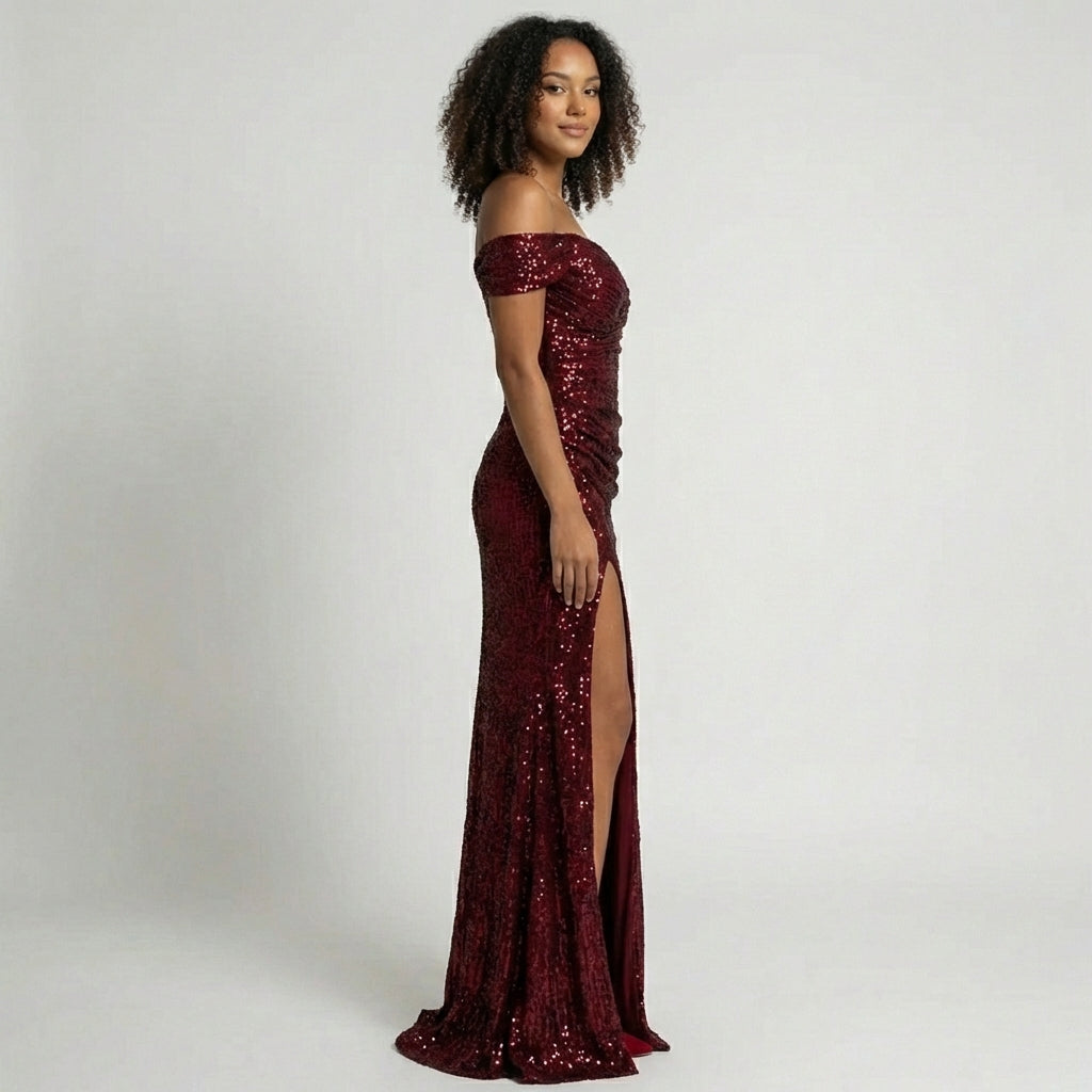 Athena Off Shoulder Sequin Maxi Dress for Women with High Split
