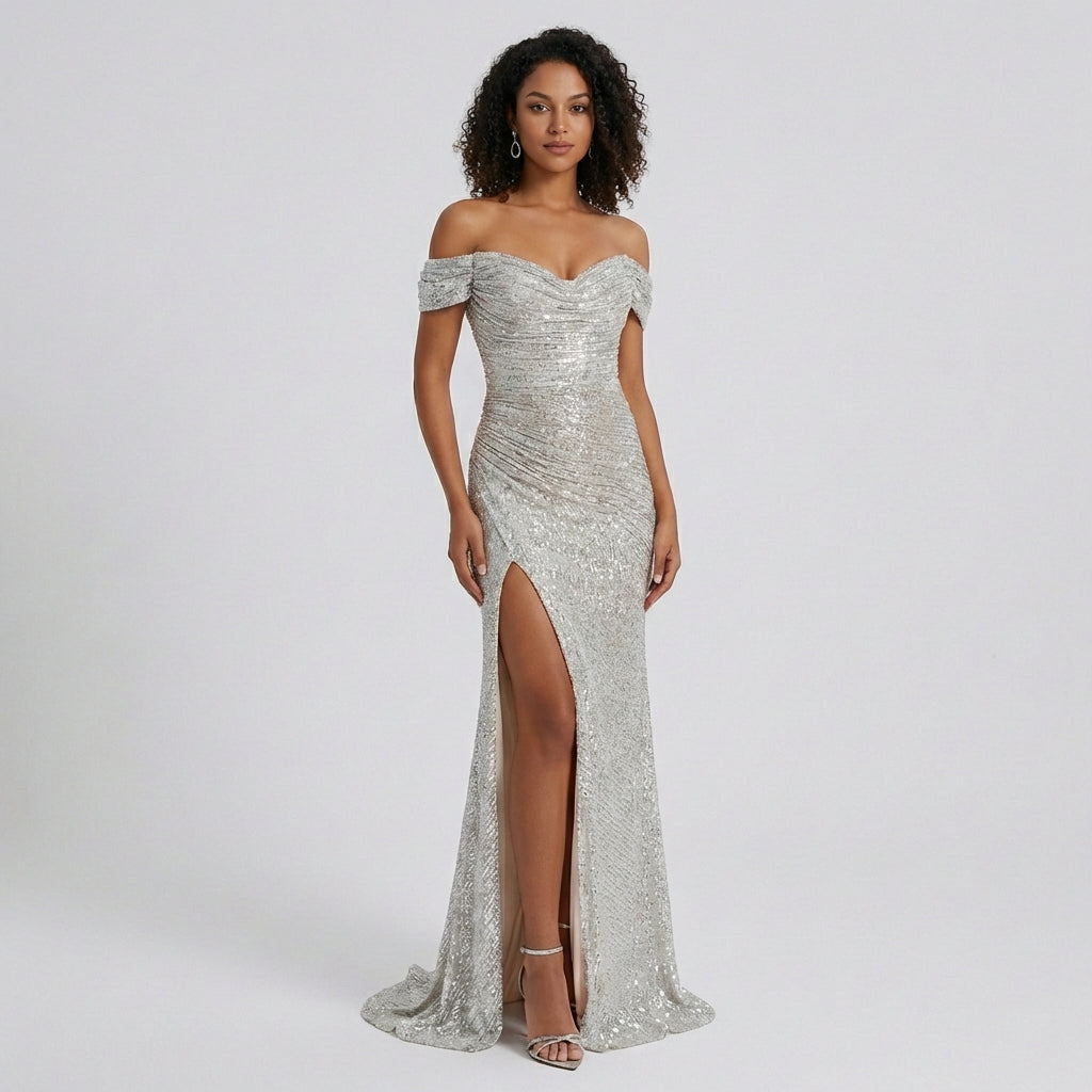 Athena Off Shoulder Sequin Maxi Dress for Women with High Split
